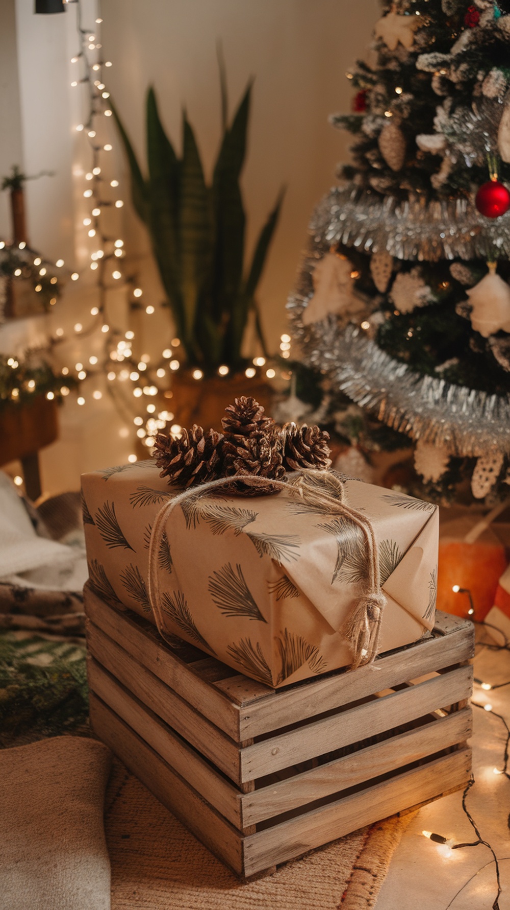 A beautifully wrapped gift with pinecones on top, surrounded by a cozy holiday setting.
