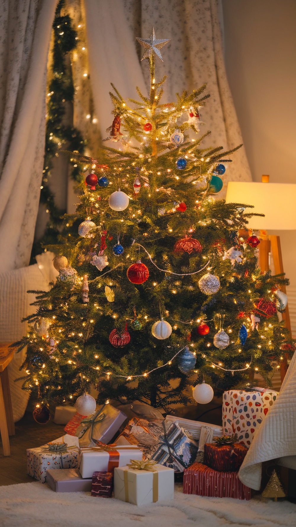 A beautifully decorated Christmas tree with colorful ornaments and presents underneath, creating a warm holiday atmosphere.
