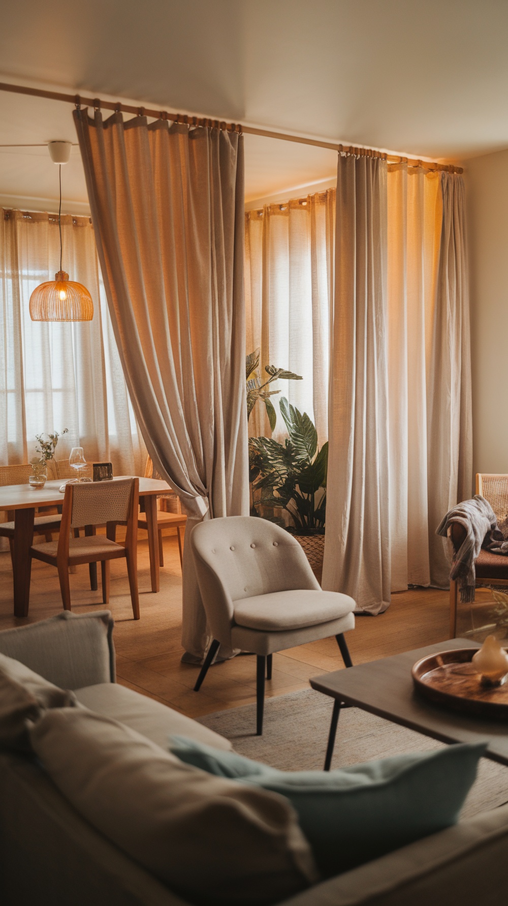 A cozy living room with curtains dividing the space from the dining area, featuring soft lighting and plants.