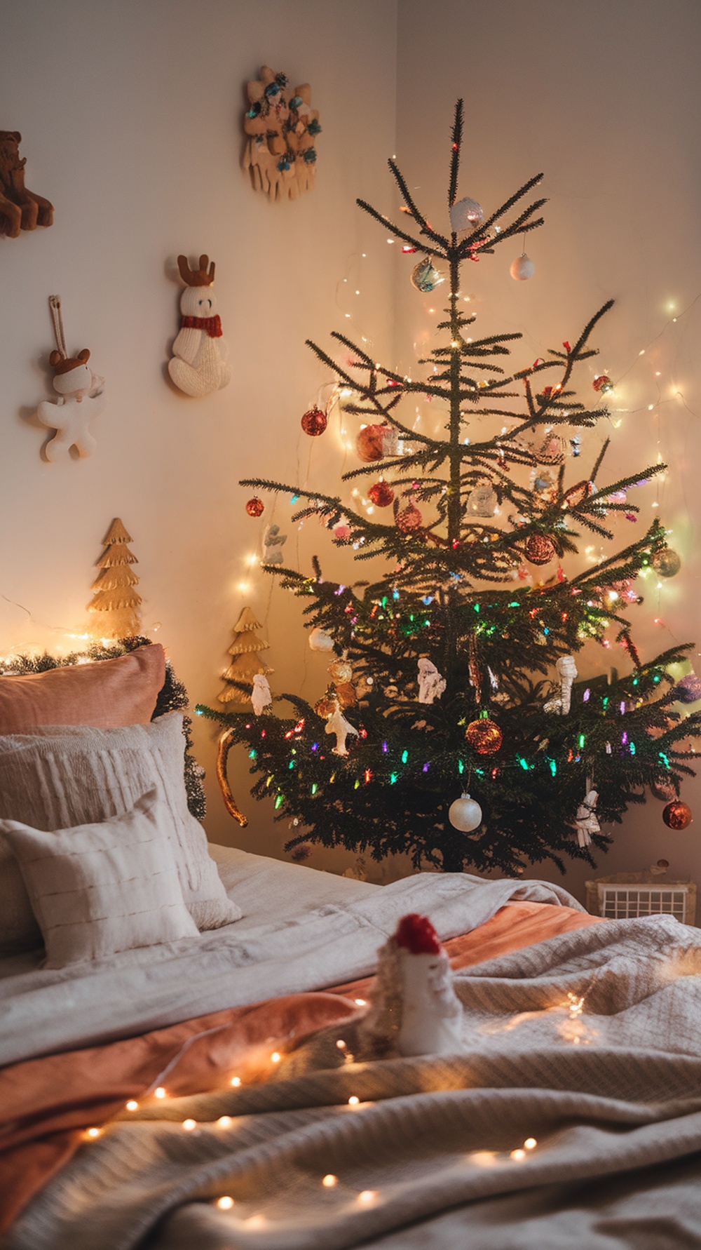 A cozy Christmas bedroom with a decorated tree, soft bedding, and playful decor.