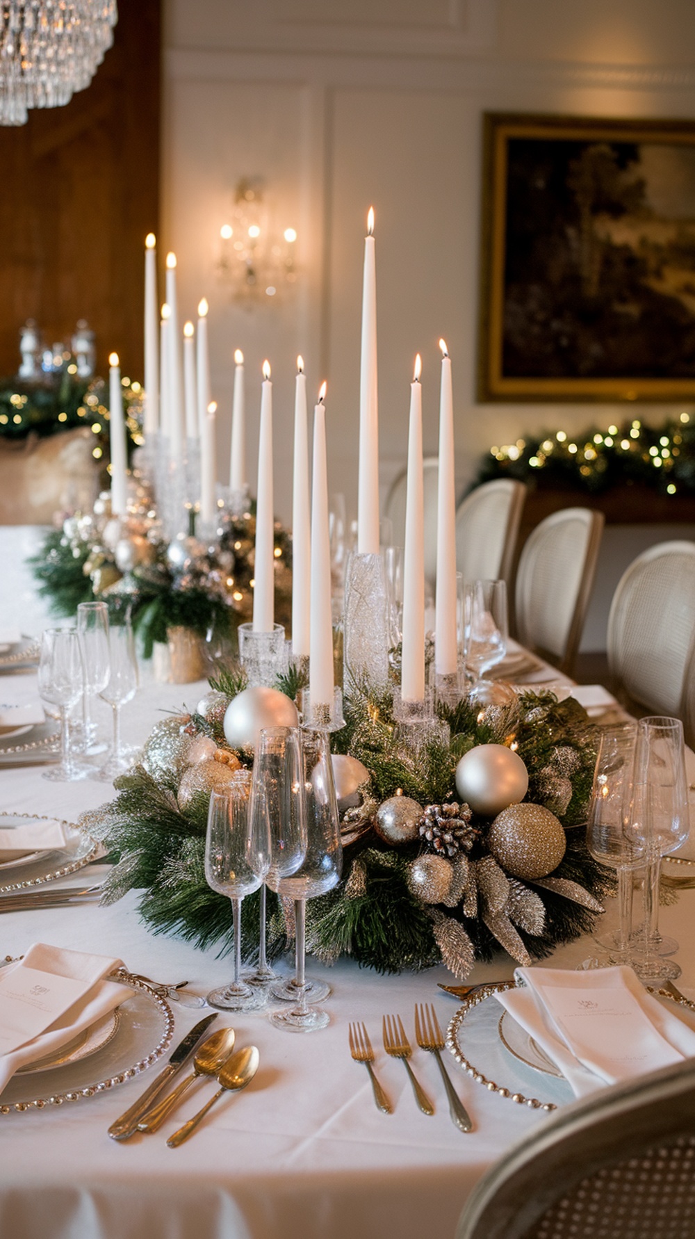 A beautifully arranged holiday table with tall white candles and a lush greenery centerpiece, featuring silver and gold ornaments.