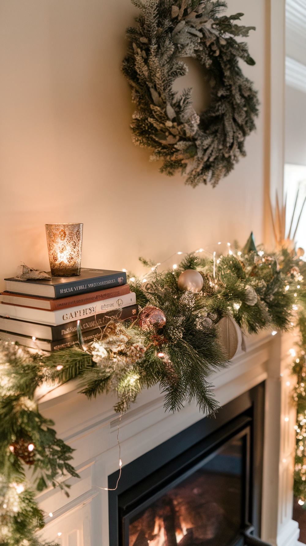 A beautifully decorated holiday mantle featuring a garland, books, ornaments, and a wreath.