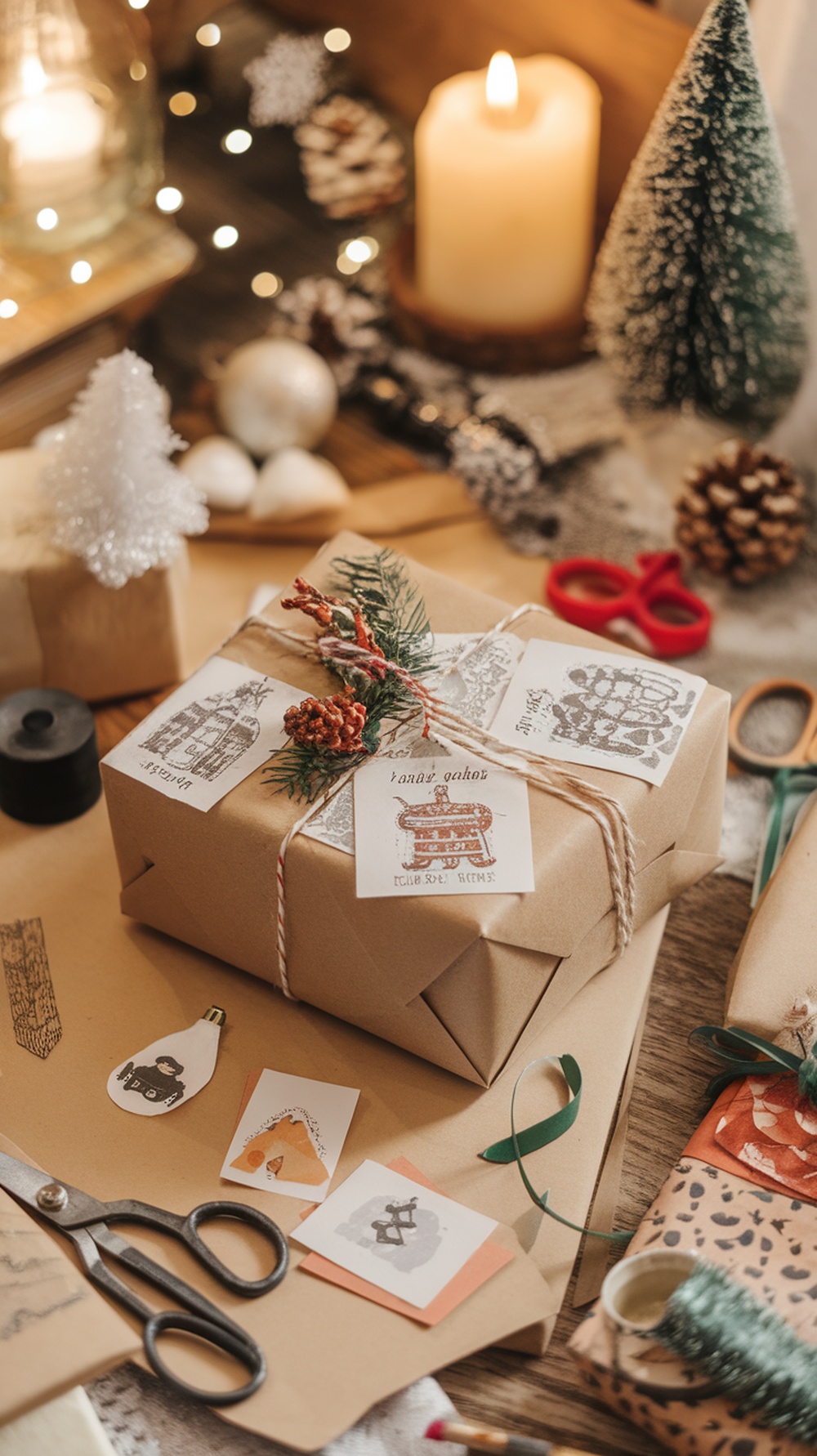 Handmade gift wrap with natural decorations and personalized tags