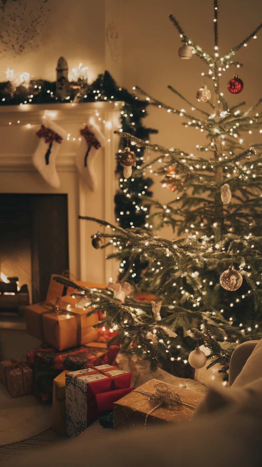 A cozy holiday living room with a decorated Christmas tree, gifts, and a fireplace.