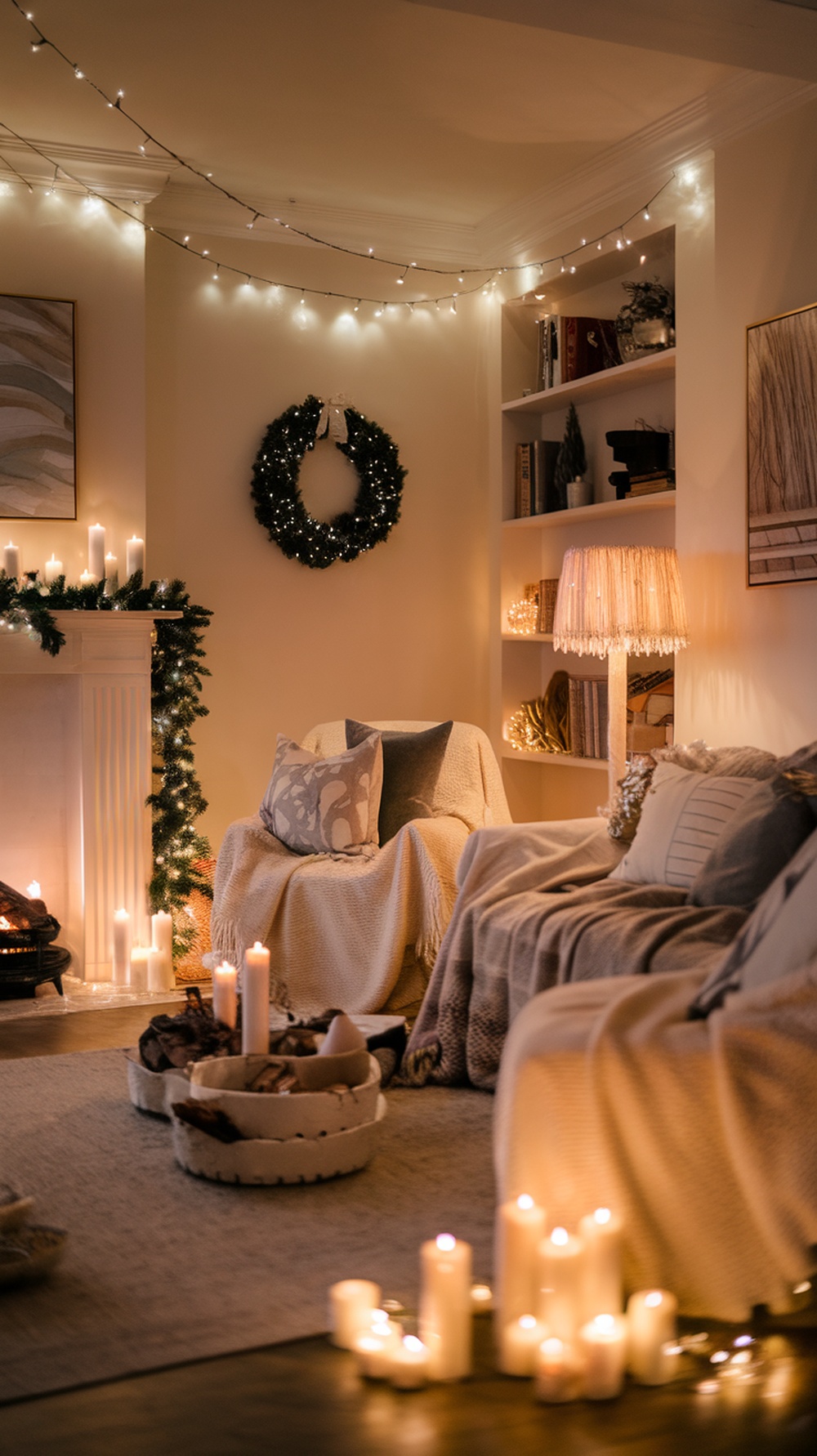 Cozy Christmas living room with warm lighting, candles, and festive decor.