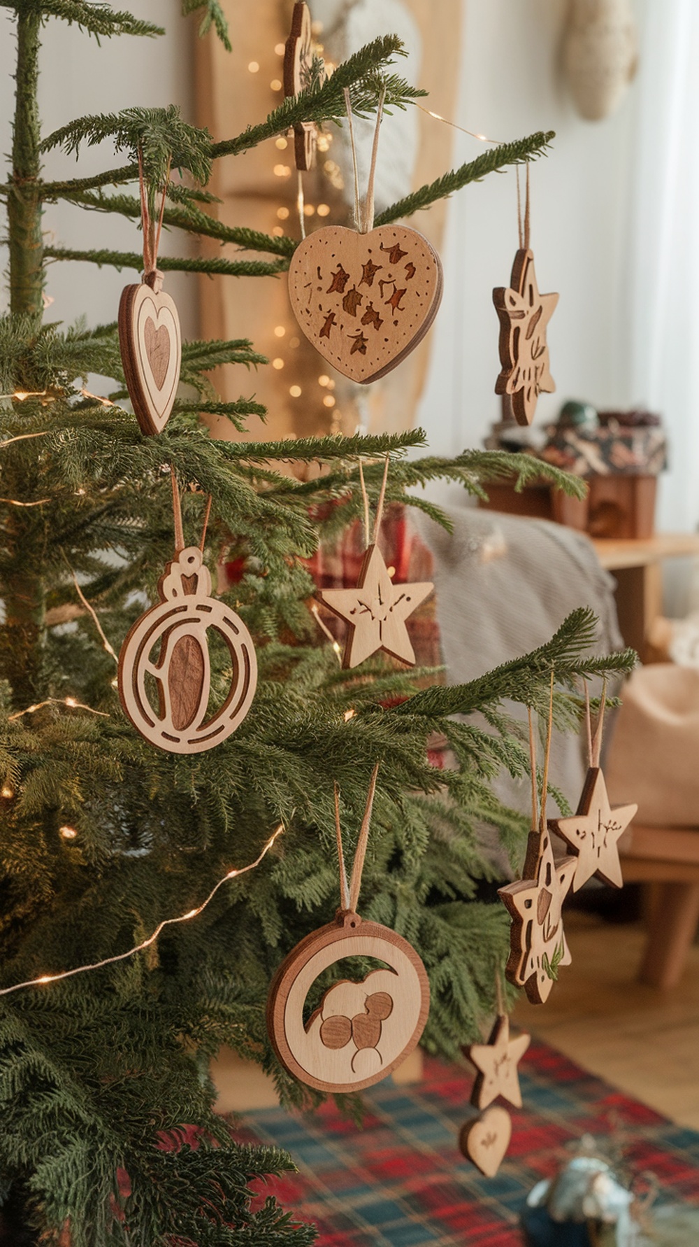 A Christmas tree decorated with various wooden ornaments in different shapes, showcasing a cozy holiday vibe.