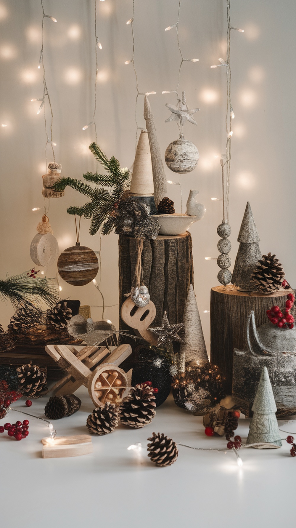 A collection of upcycled Christmas decorations featuring wooden logs, pinecones, and handmade ornaments, illuminated by soft fairy lights.