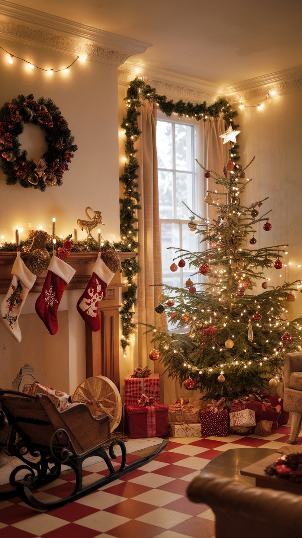 A cozy vintage Christmas decor scene featuring a decorated tree, stockings on the fireplace, and wrapped gifts.