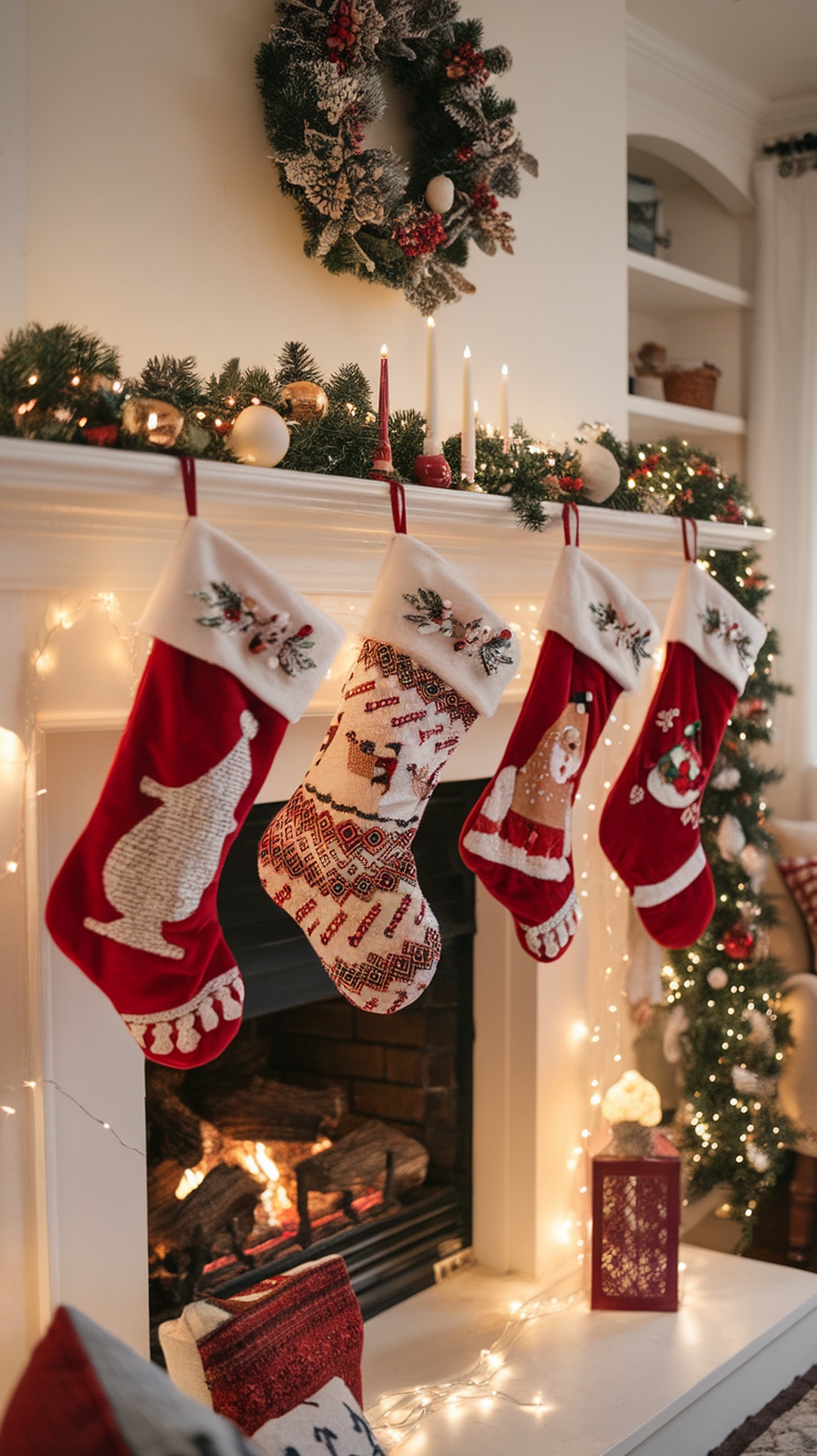 A cozy fireplace with beautifully crafted Christmas stockings hanging from the mantel.