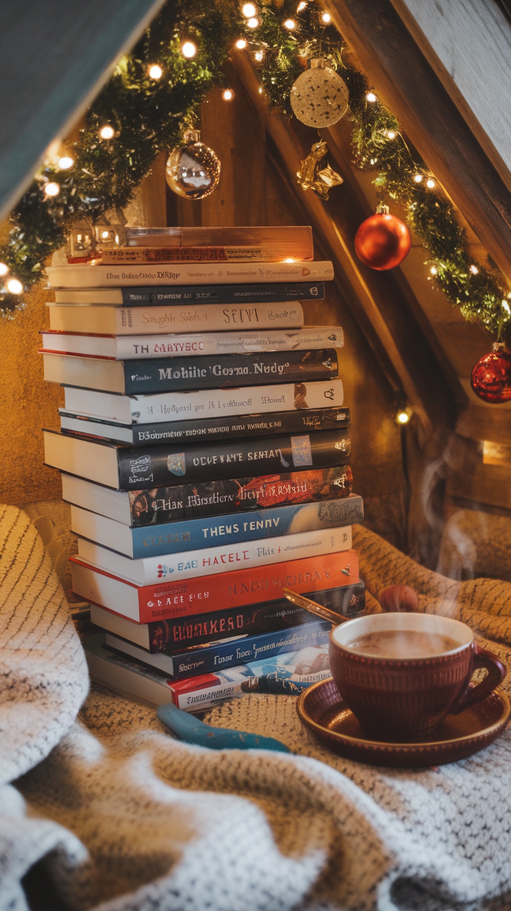 A cozy stack of books with a warm cup of coffee, surrounded by festive decorations and lights.