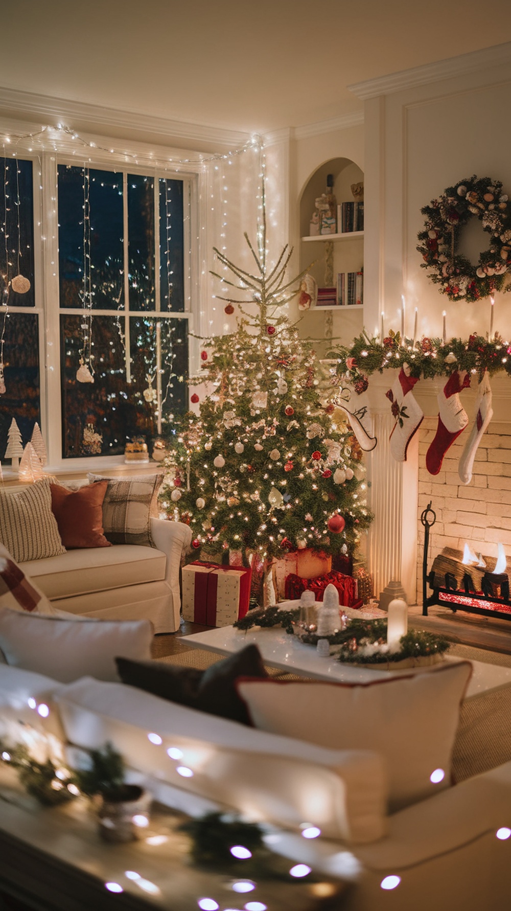 A cozy living room decorated for Christmas with a tree, stockings, and fairy lights.