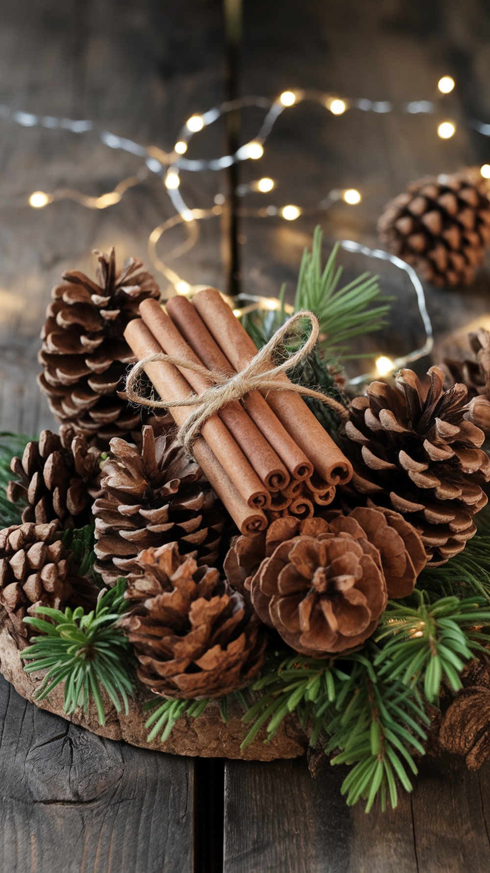 A decorative arrangement of cinnamon sticks tied with twine, surrounded by pine cones and greenery, set against a wooden background.