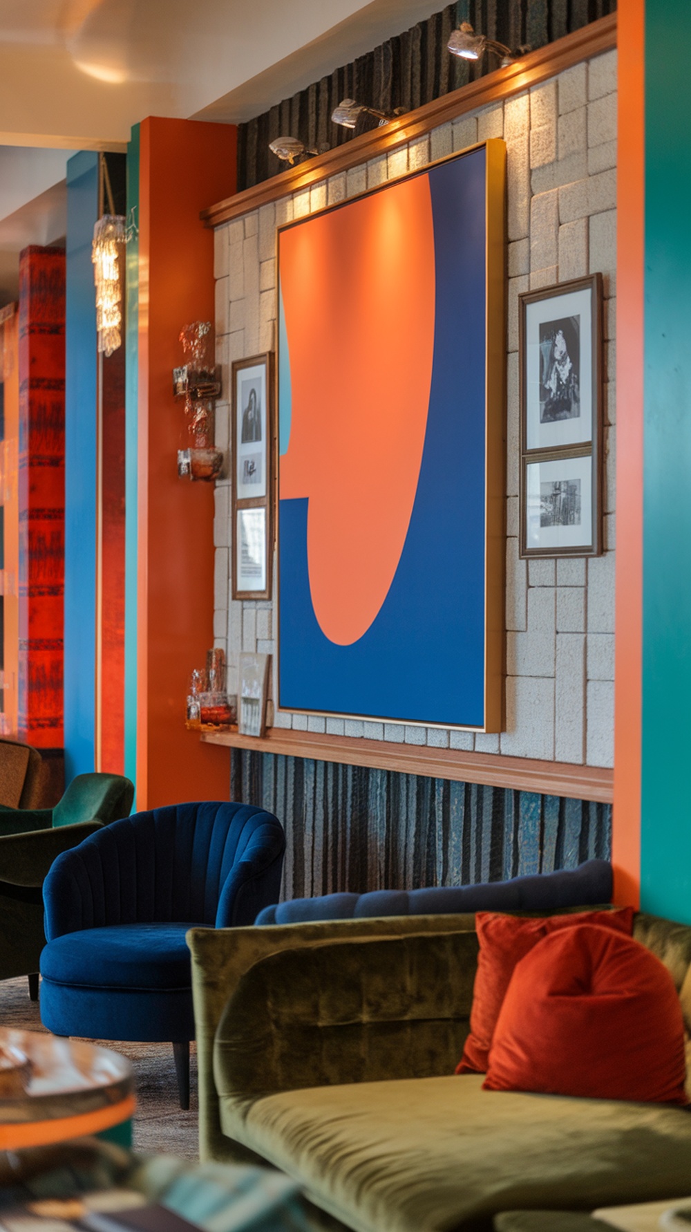 A stylish living room with a large piece of art and framed photographs on the wall, showcasing chic decor.