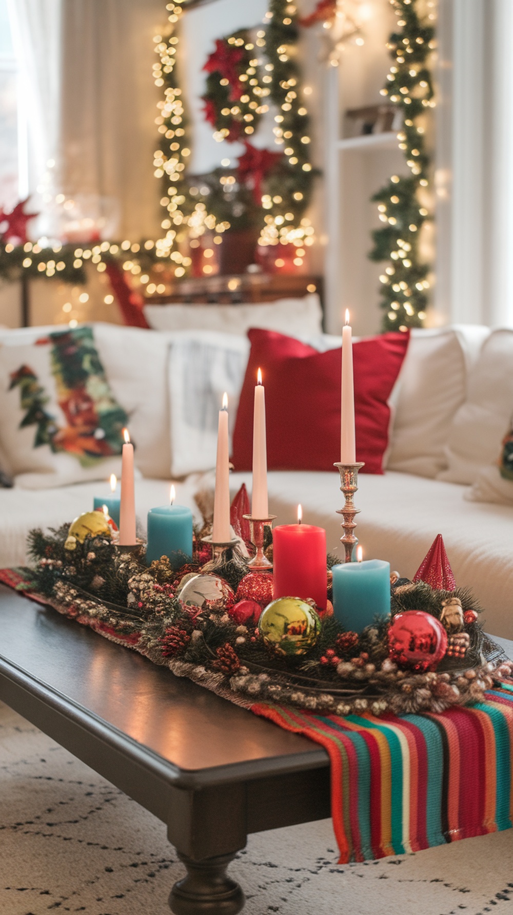 A beautifully decorated Christmas coffee table featuring colorful candles, ornaments, and a striped table runner.