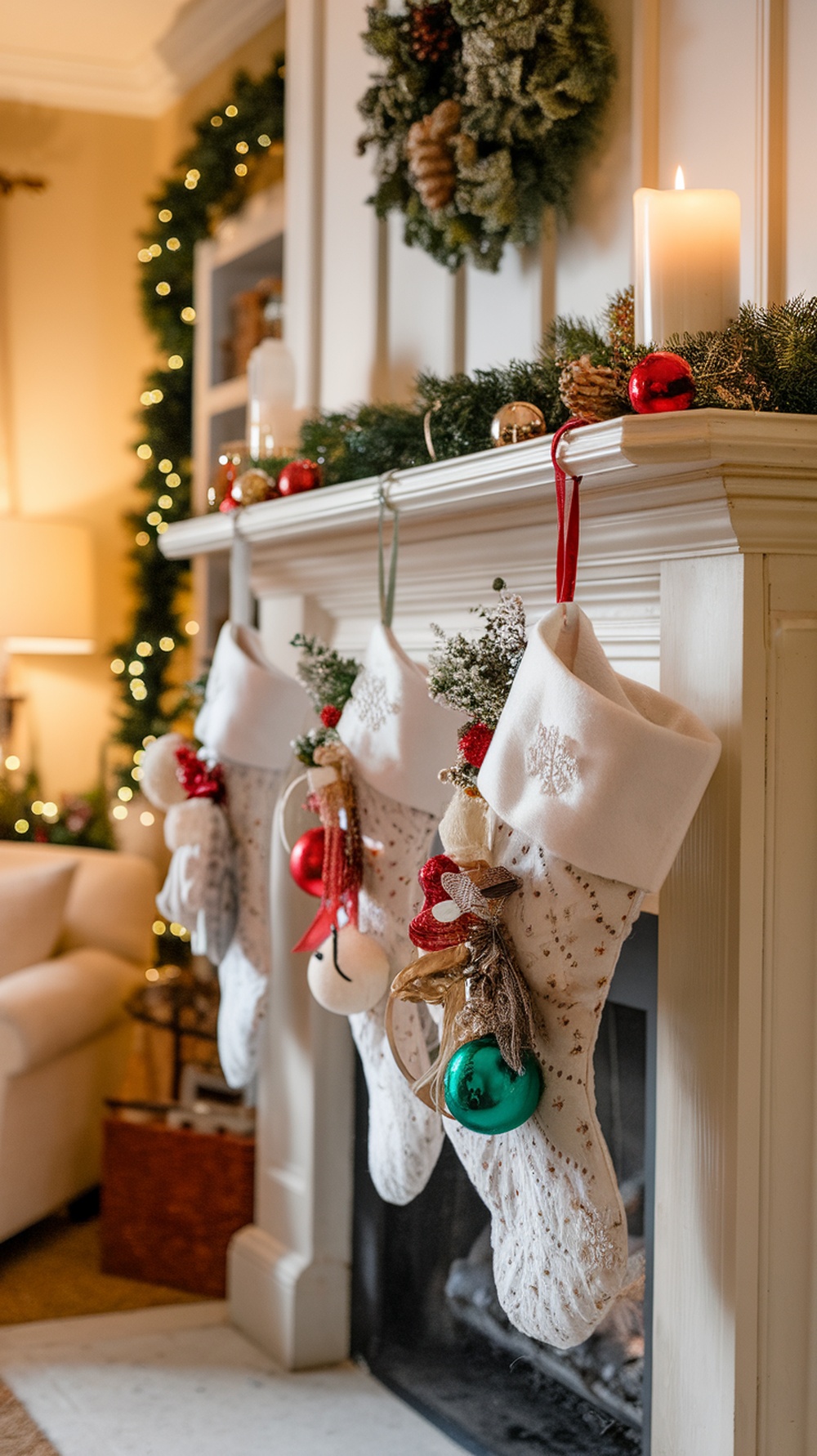 A cozy fireplace mantel decorated with DIY Christmas stockings, adorned with ornaments and greenery.