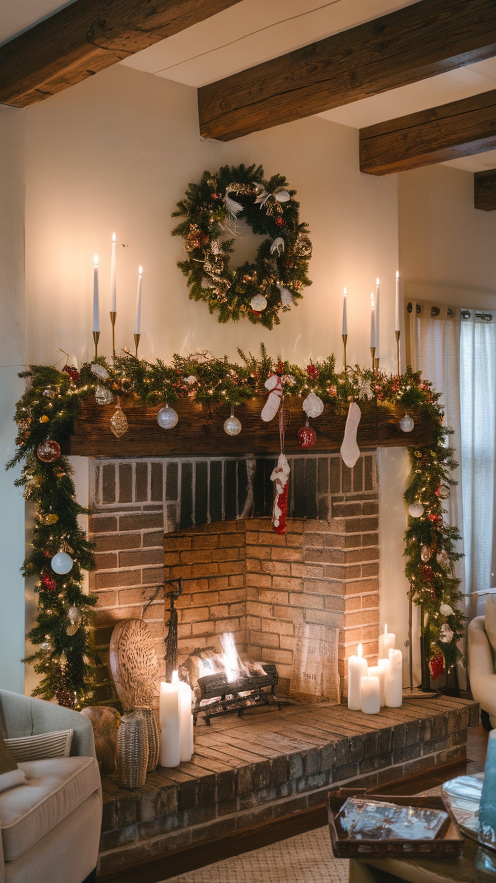 A beautifully decorated mantel with a garland, candles, and a wreath for Christmas.