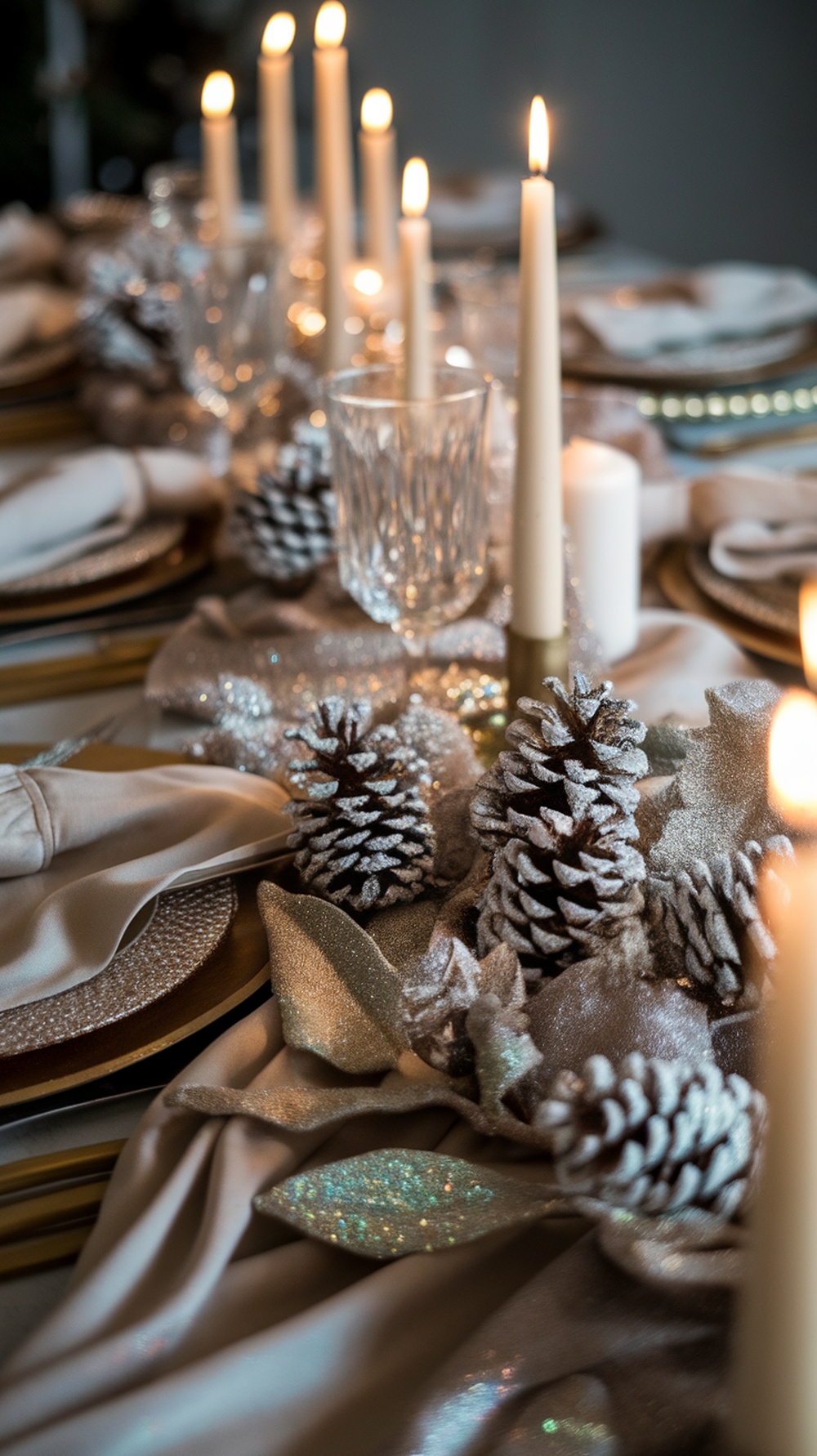 A beautifully decorated table with glittered pinecones, soft beige fabrics, and elegant candles for Christmas decor.