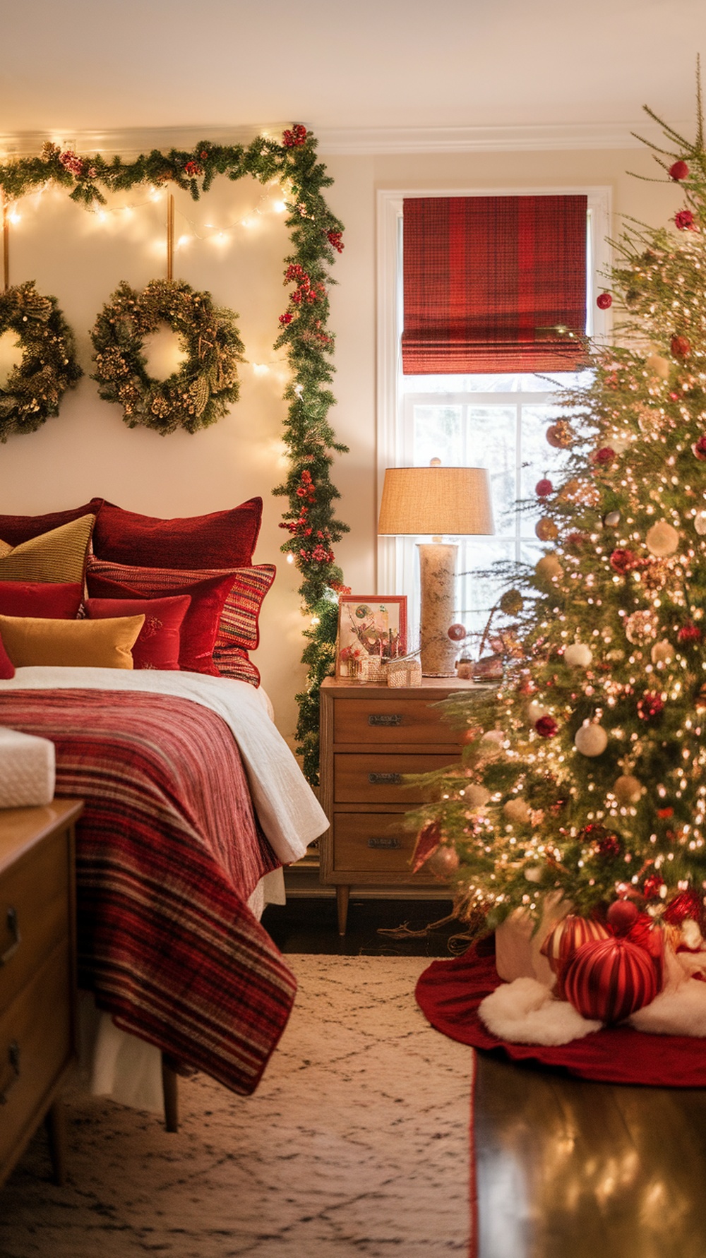 A cozy bedroom decorated for Christmas with red and green accents, including a Christmas tree and festive pillows.