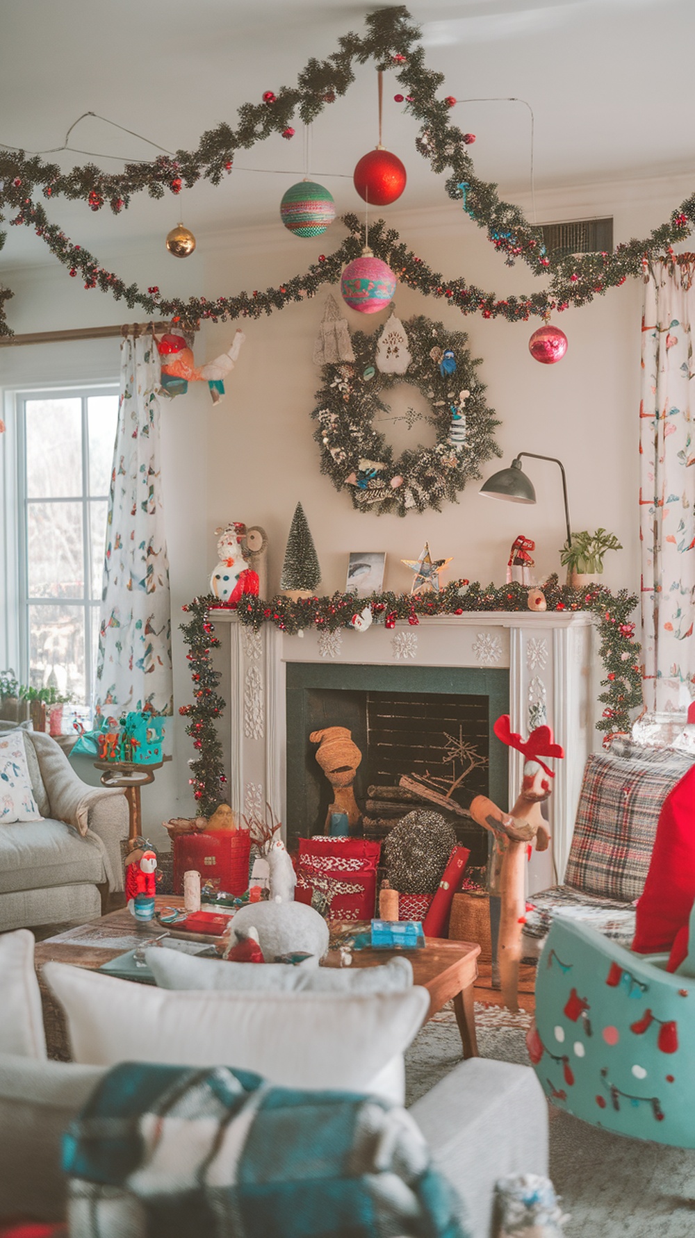 A cozy living room decorated for Christmas with colorful ornaments, a wreath, and playful figurines.