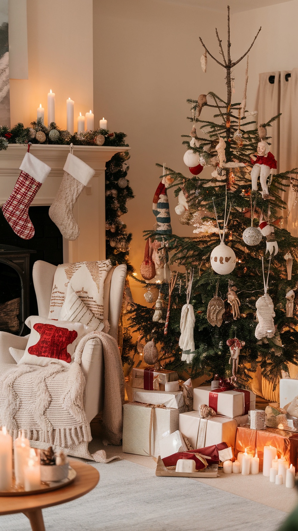 A cozy Christmas living room with a decorated tree, stockings, and warm lighting.
