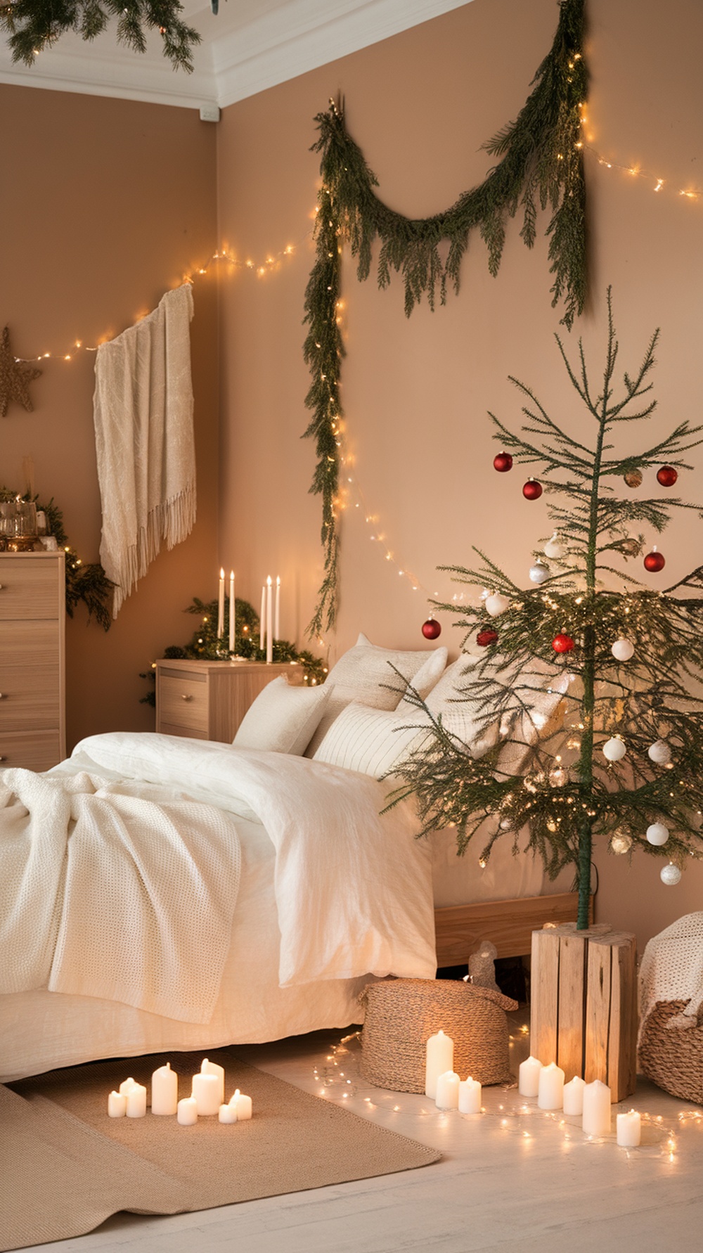 Cozy Scandinavian-inspired Christmas bedroom with neutral tones, candles, and a small decorated tree.