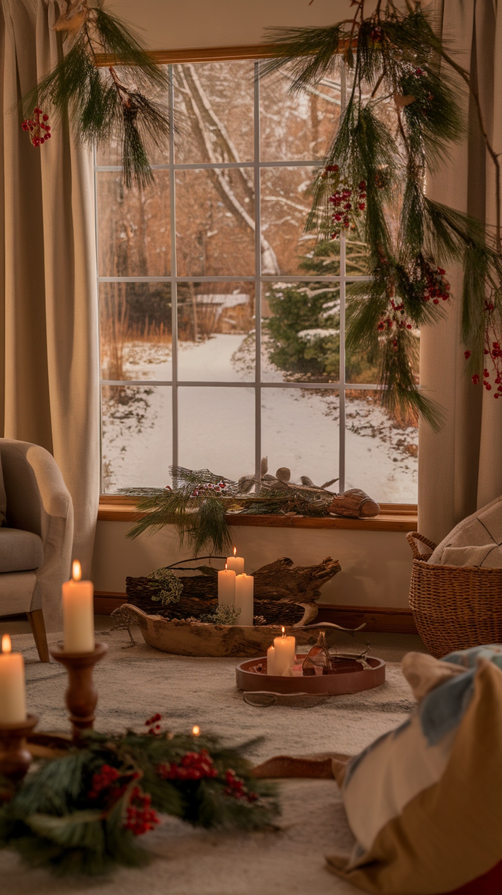 Cozy Christmas decor featuring a window with snow outside, decorated with pine branches and candles.