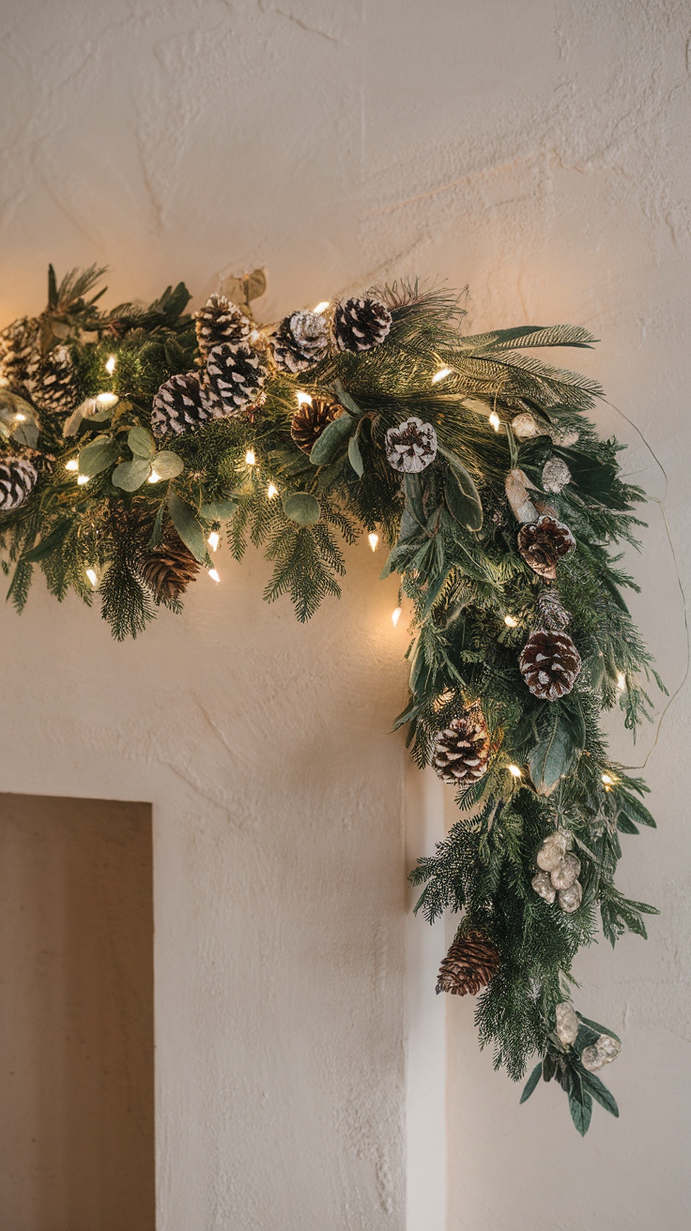 A beautifully decorated garland with pinecones and lights draped over a mantel.