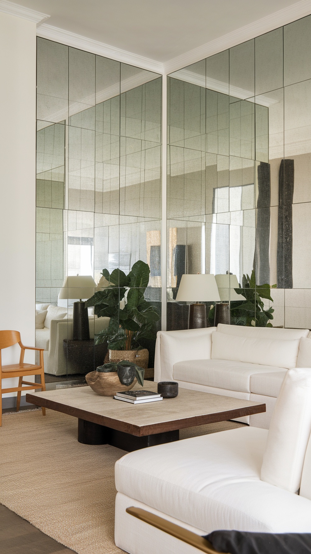 A stylish living room featuring large mirrors that create an illusion of space.