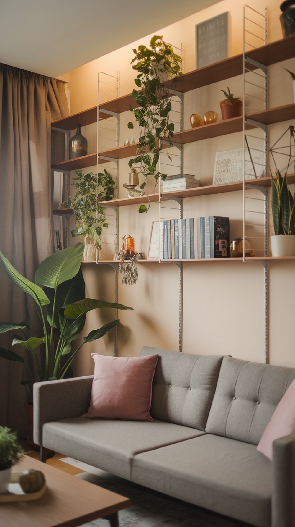 Stylish living room with vertical shelving, plants, and decorative items.