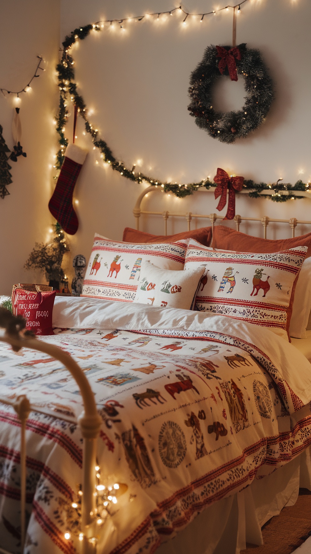 A cozy bedroom with vintage Christmas bedding featuring reindeer and festive designs, adorned with fairy lights and seasonal decorations.