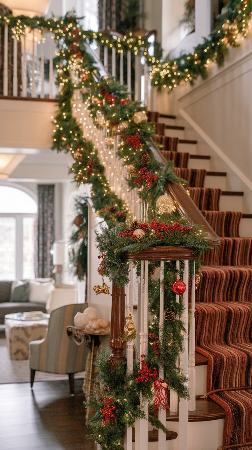 A beautifully decorated staircase with garlands, lights, and ornaments for Christmas.