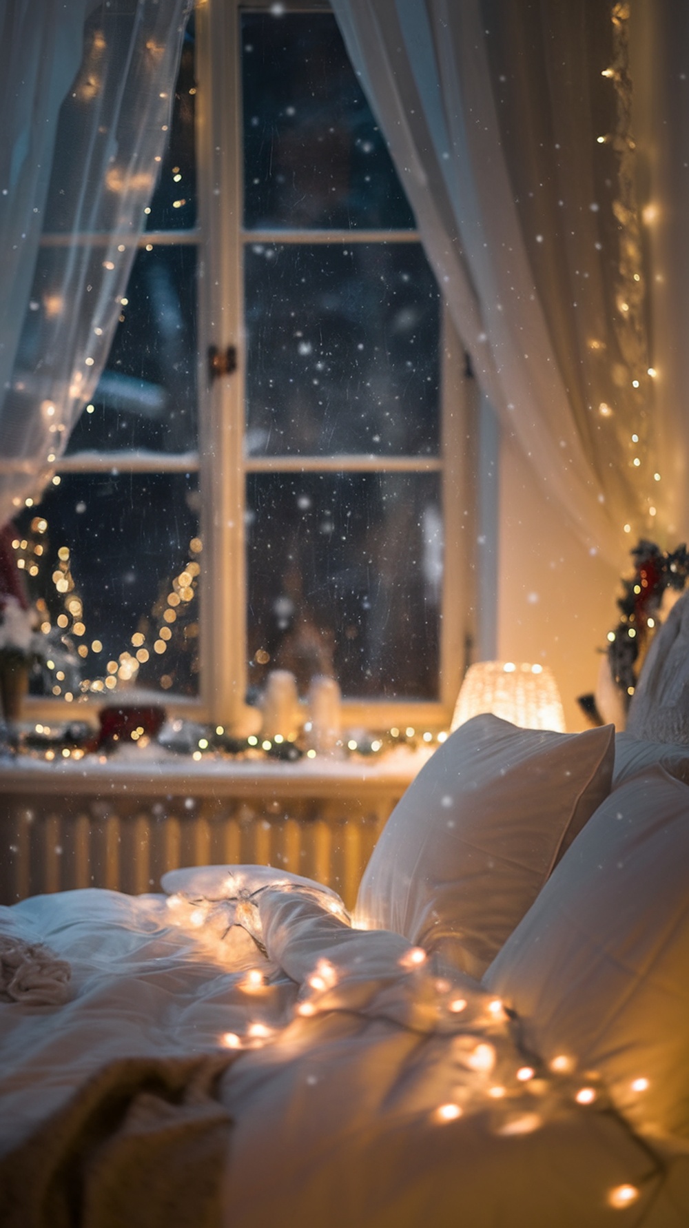A cozy bedroom with white bedding and fairy lights, overlooking a snowy night through the window.