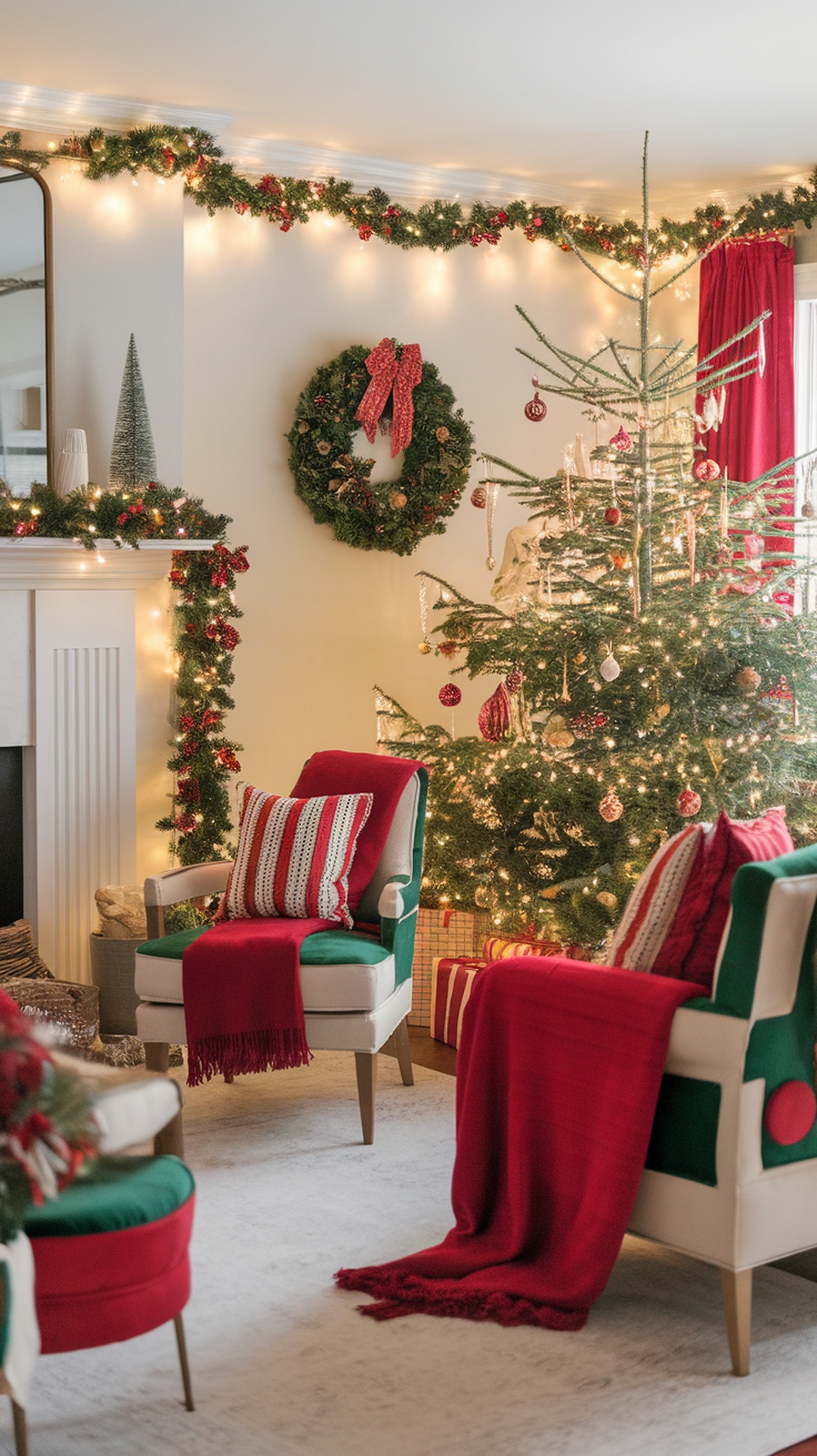 A cozy Christmas living room decorated with a Christmas tree, festive pillows, and warm lighting.