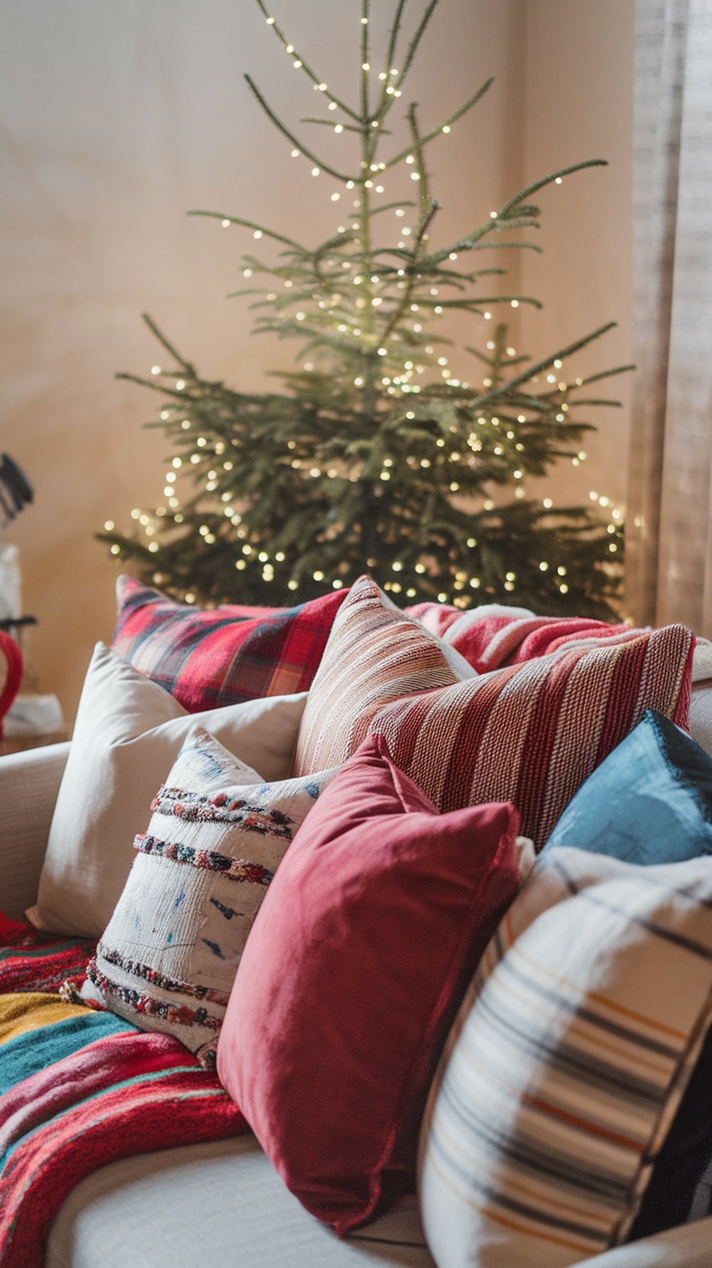 A cozy living room corner with a sofa covered in colorful throws and pillows, and a Christmas tree in the background.