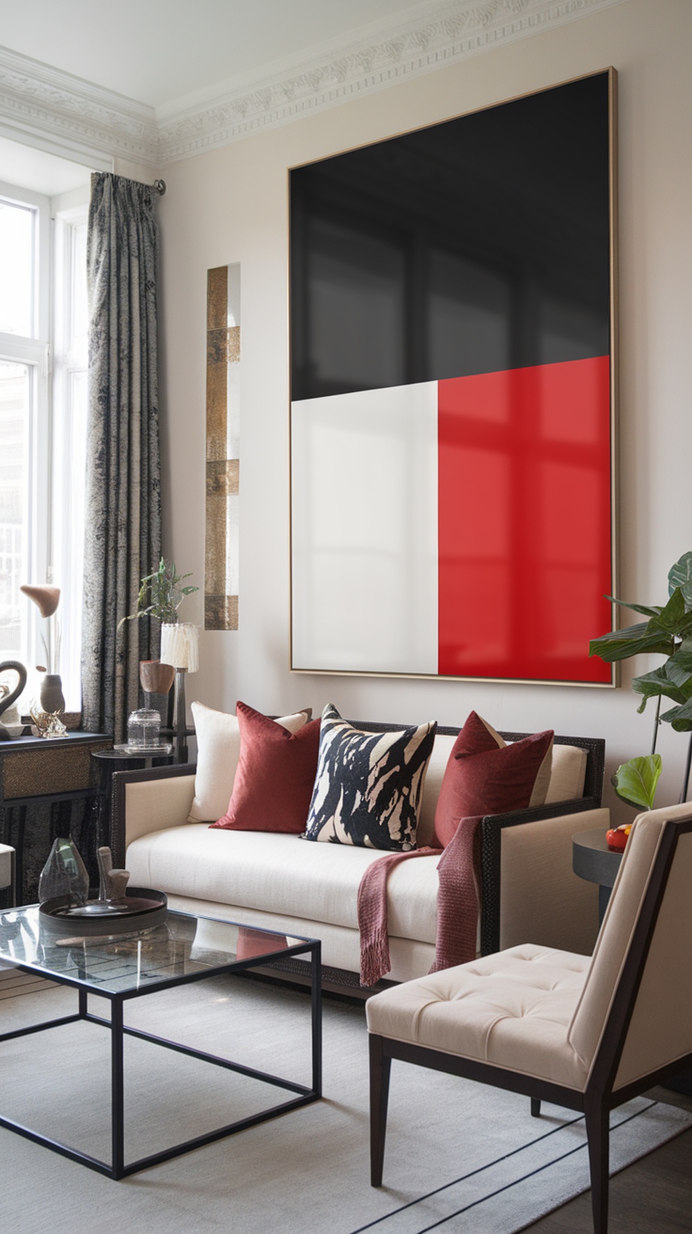 A stylish small living room featuring a large piece of abstract art above a modern sofa with decorative pillows.