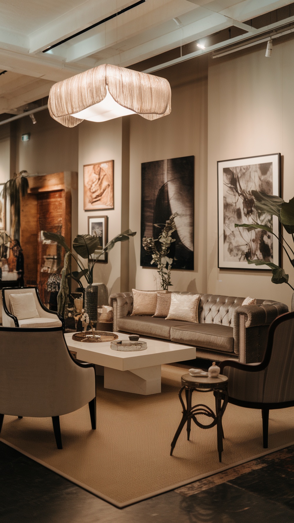 A chic living room featuring a stylish light fixture, modern furniture, and artistic wall decor.