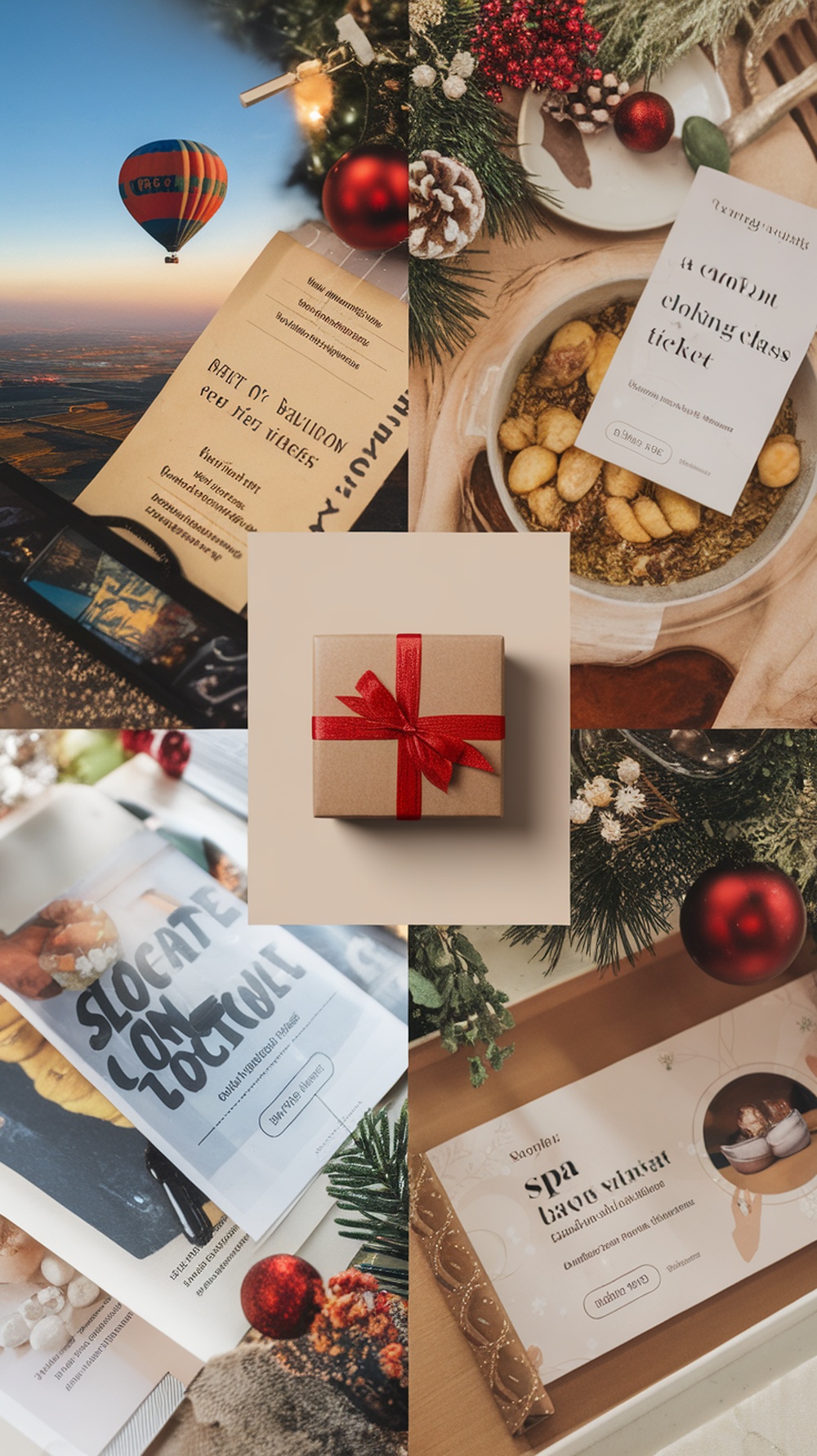 A collage of experience gift vouchers including a hot air balloon ride, cooking class ticket, and spa day voucher, surrounded by festive decorations.