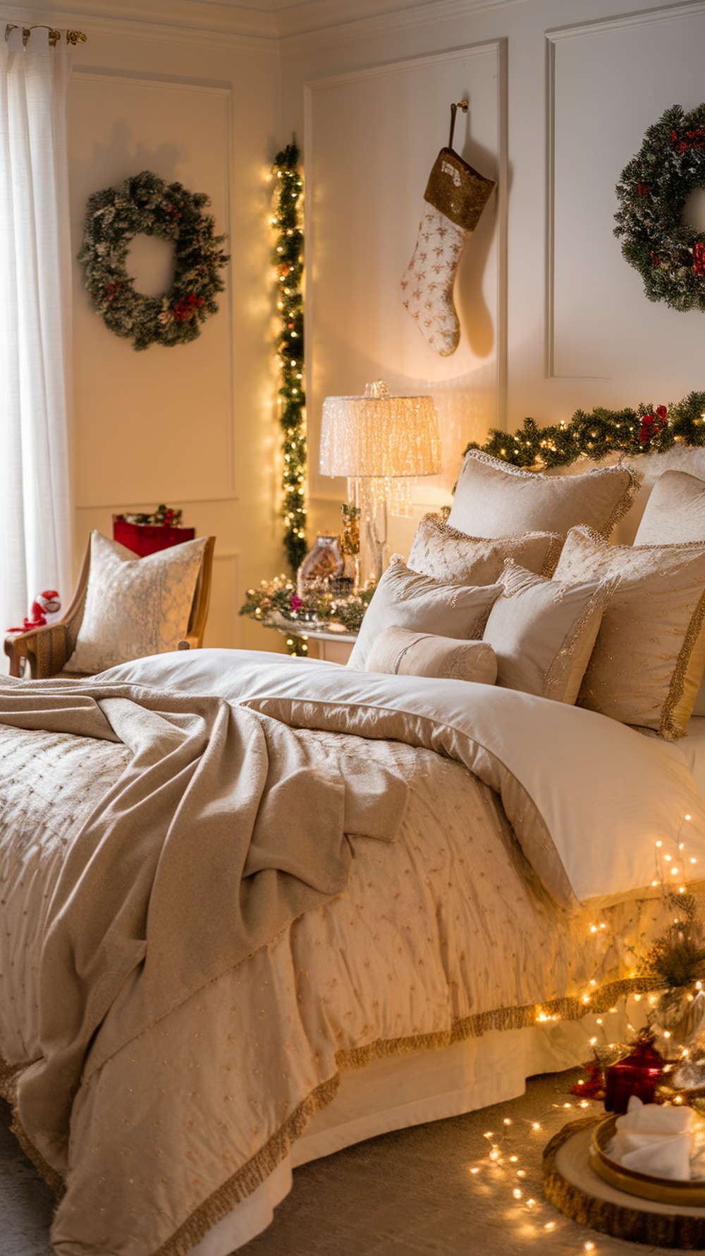 A cozy bedroom decorated for Christmas with gold accents in the bedding and festive decorations.