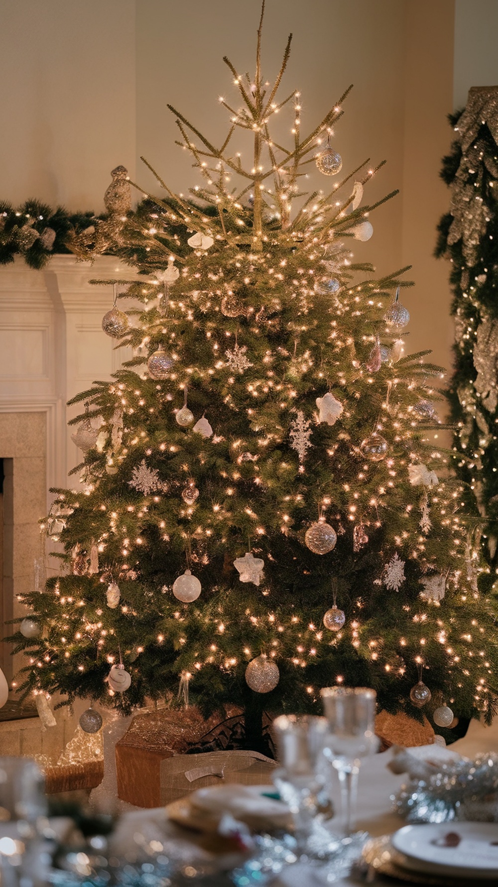 A beautifully decorated Christmas tree with silver and white ornaments, glowing lights, and a cozy atmosphere.