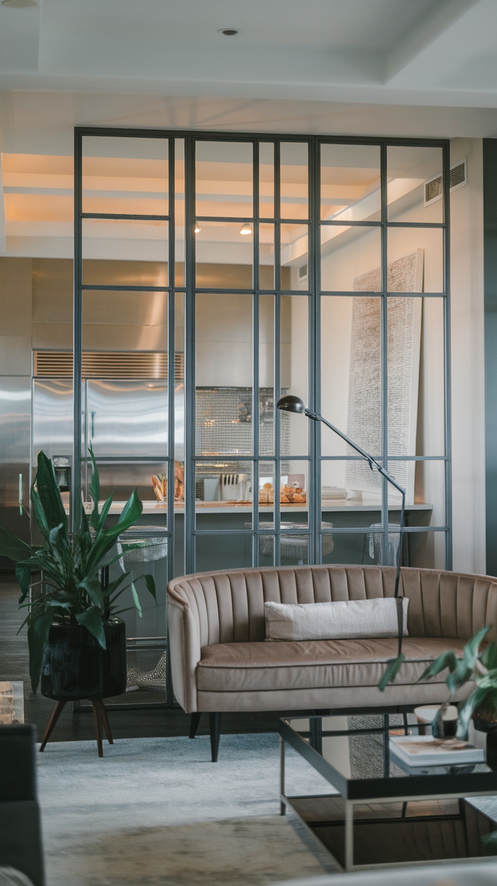 A modern living room divider made of glass panels, separating the living area from the kitchen.