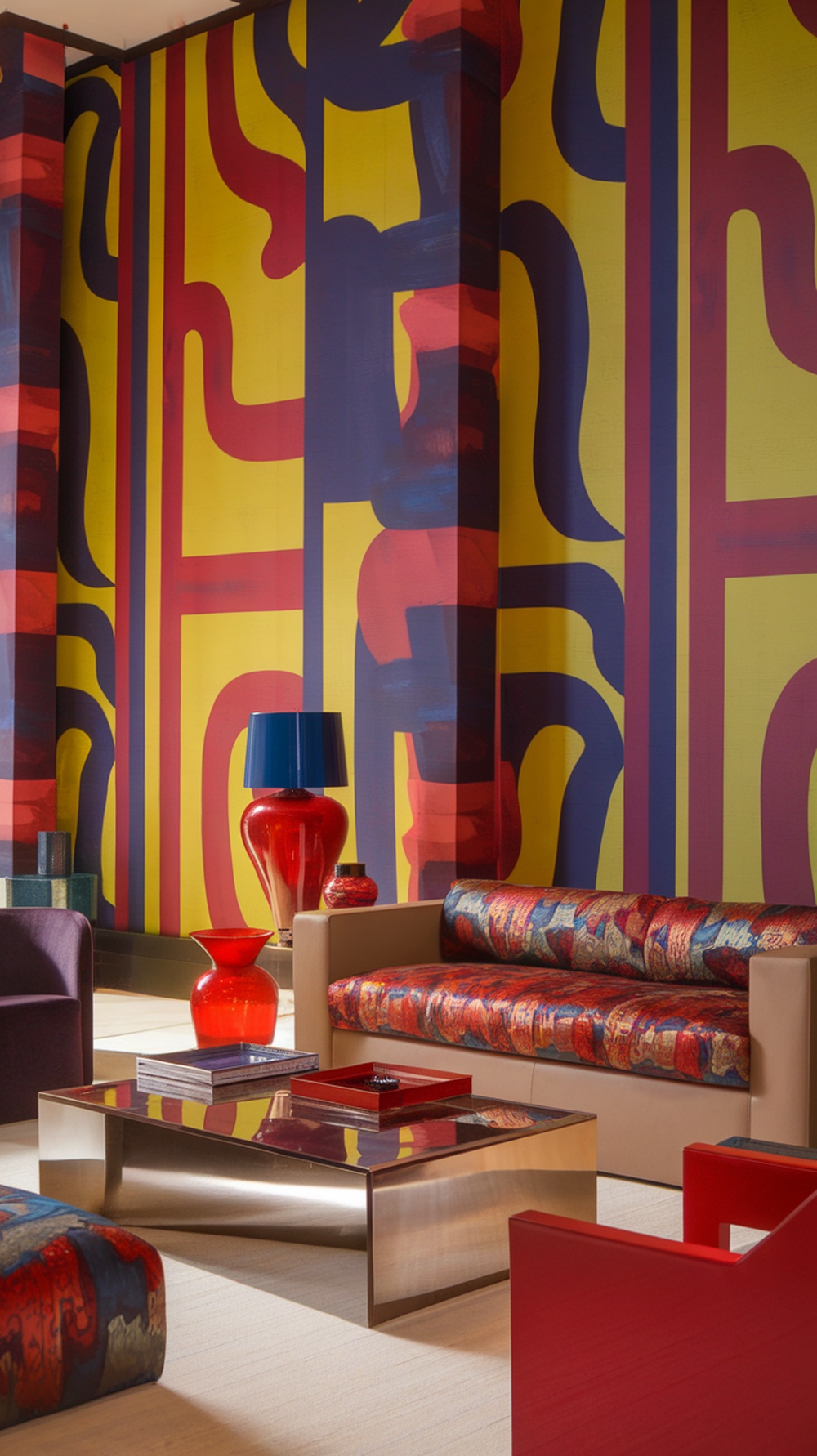 A living room featuring bold wallpaper with vibrant colors and abstract patterns, complemented by stylish furniture.