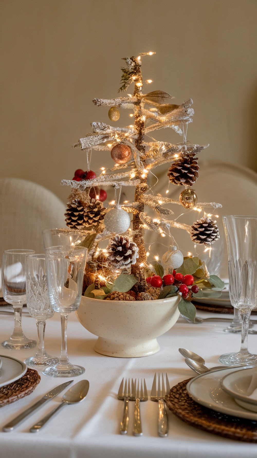 A festive table setting featuring a small decorative tree made of twigs, adorned with lights and ornaments, surrounded by elegant glassware and plates.