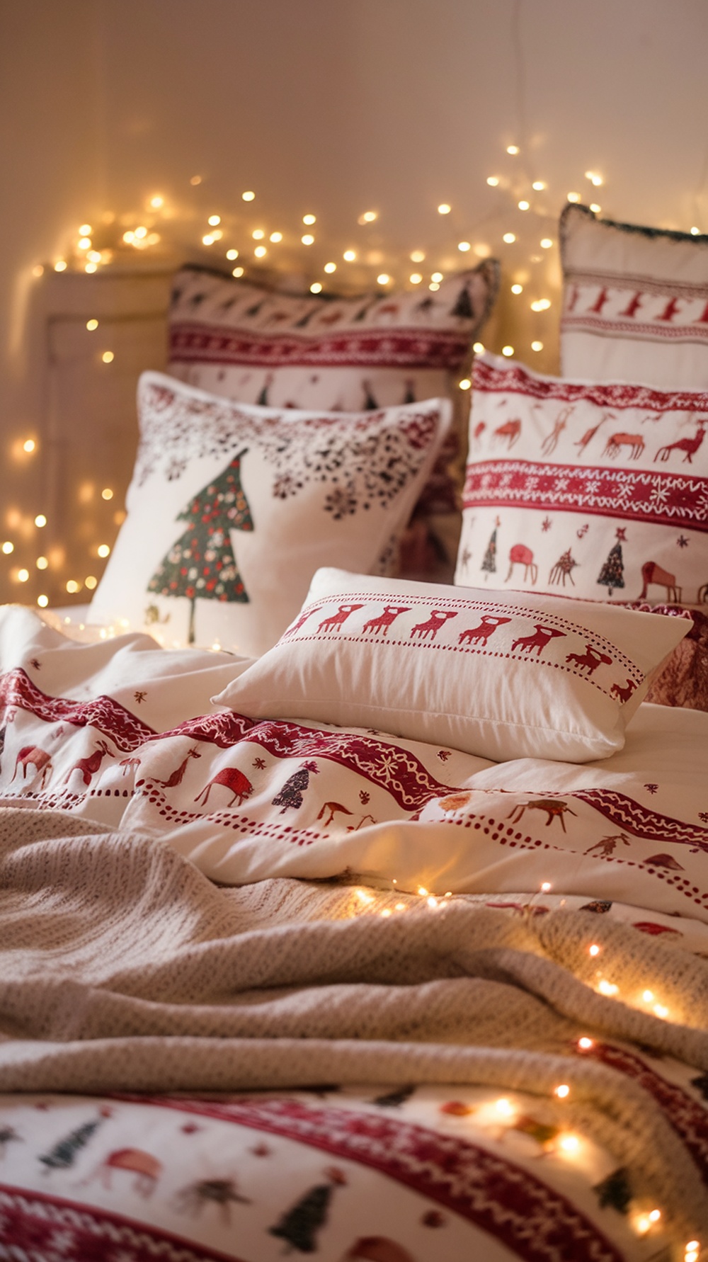 A cozy bed with festive Christmas bedding, featuring pillows with holiday patterns and warm fairy lights.