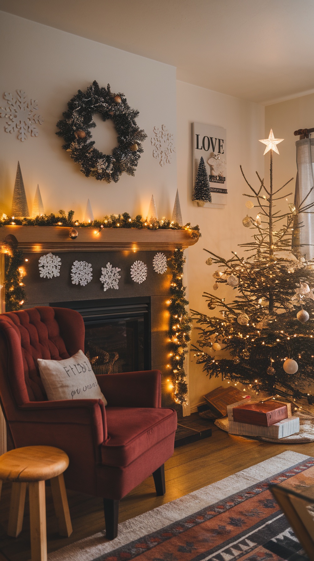 A cozy living room decorated for Christmas with LED string lights around the fireplace and Christmas tree.
