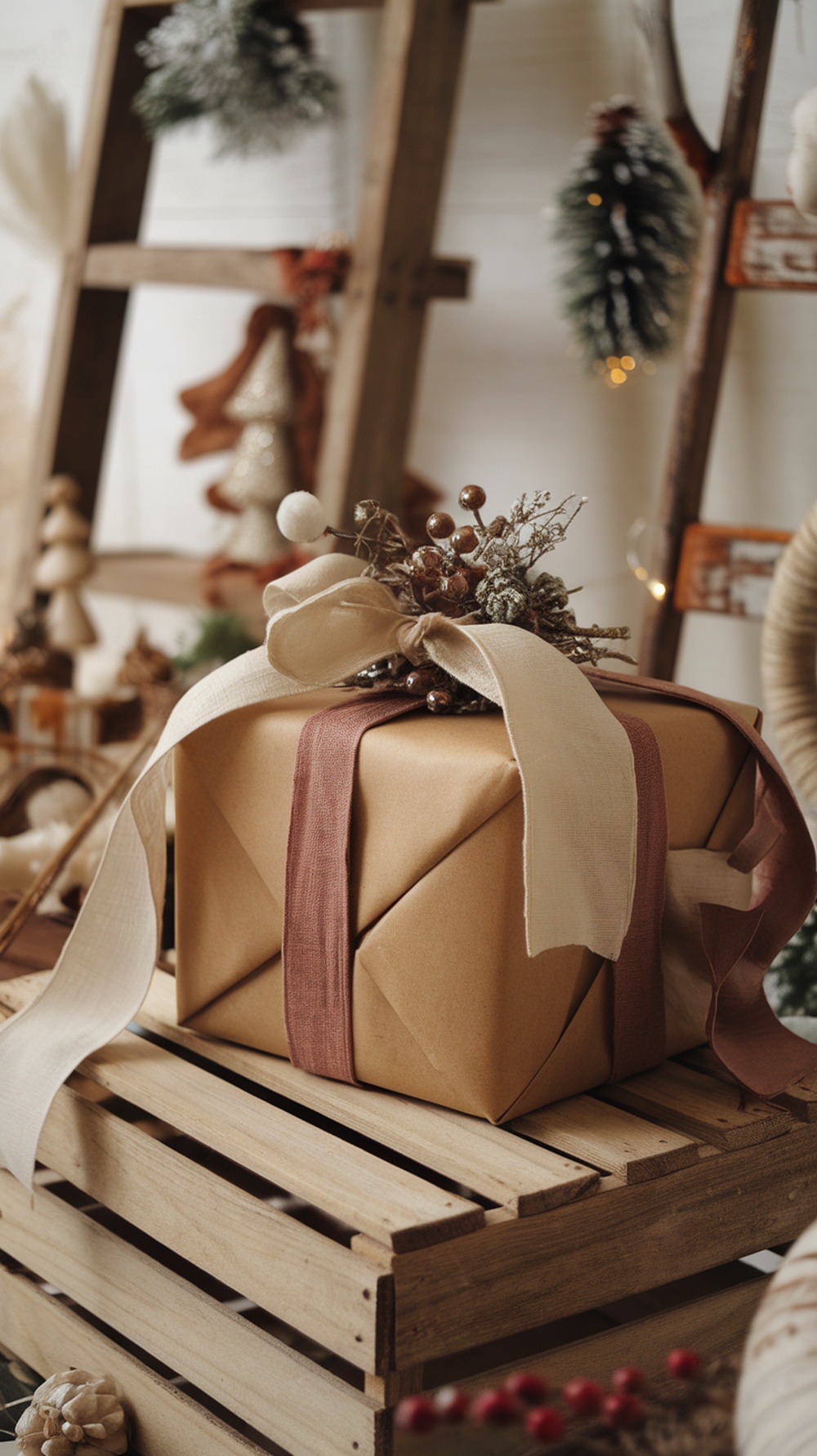A beautifully wrapped gift box with natural fabric ribbons on a wooden crate, showcasing rustic Christmas decor.