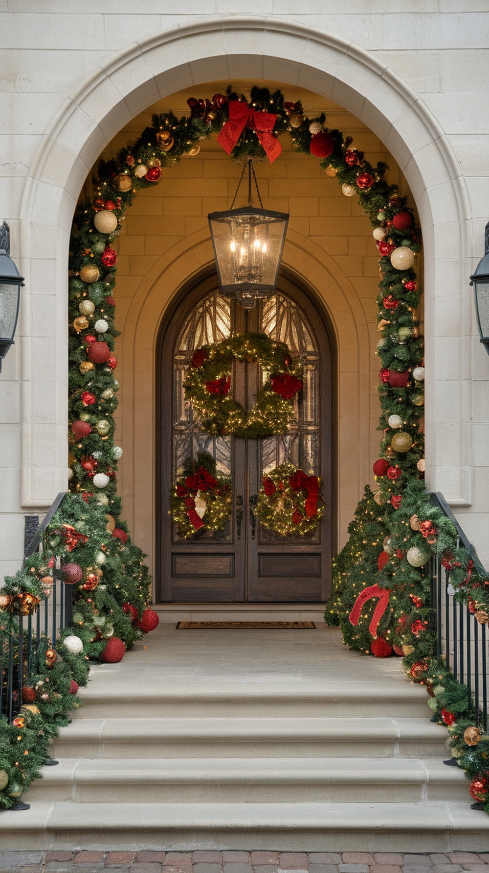 A beautifully decorated entrance with garlands, wreaths, and ornaments for Christmas.