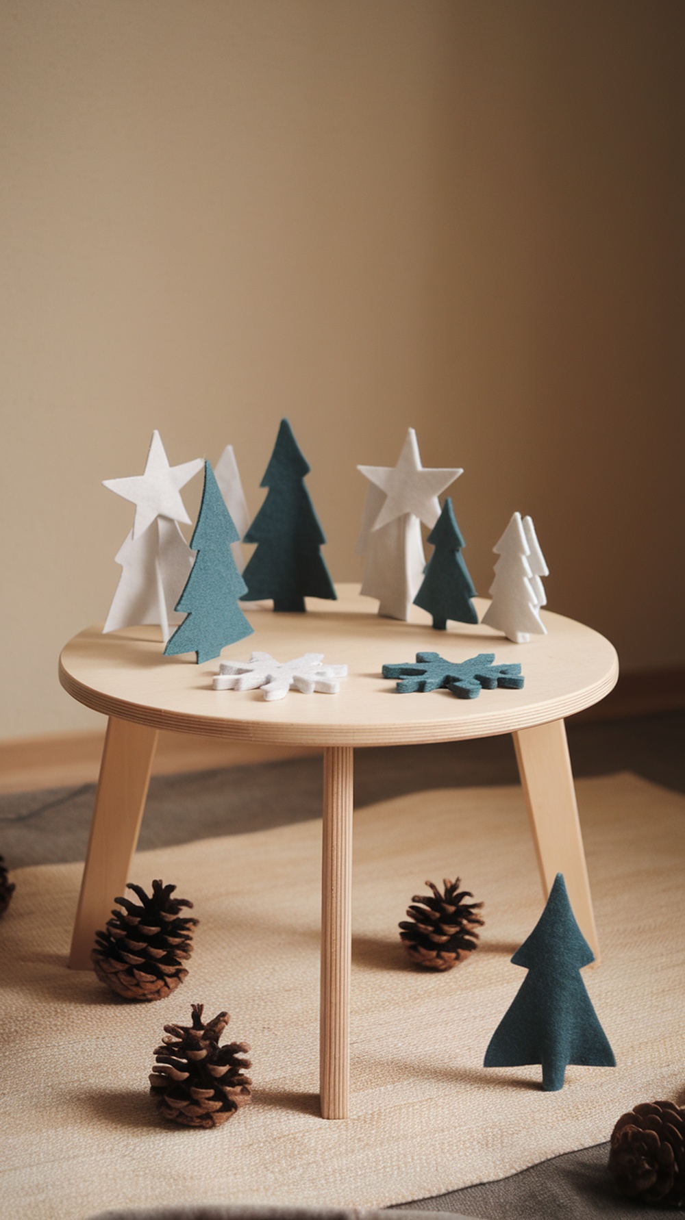 A minimalist display of whimsical felt decorations including trees and snowflakes on a wooden table, surrounded by pinecones.