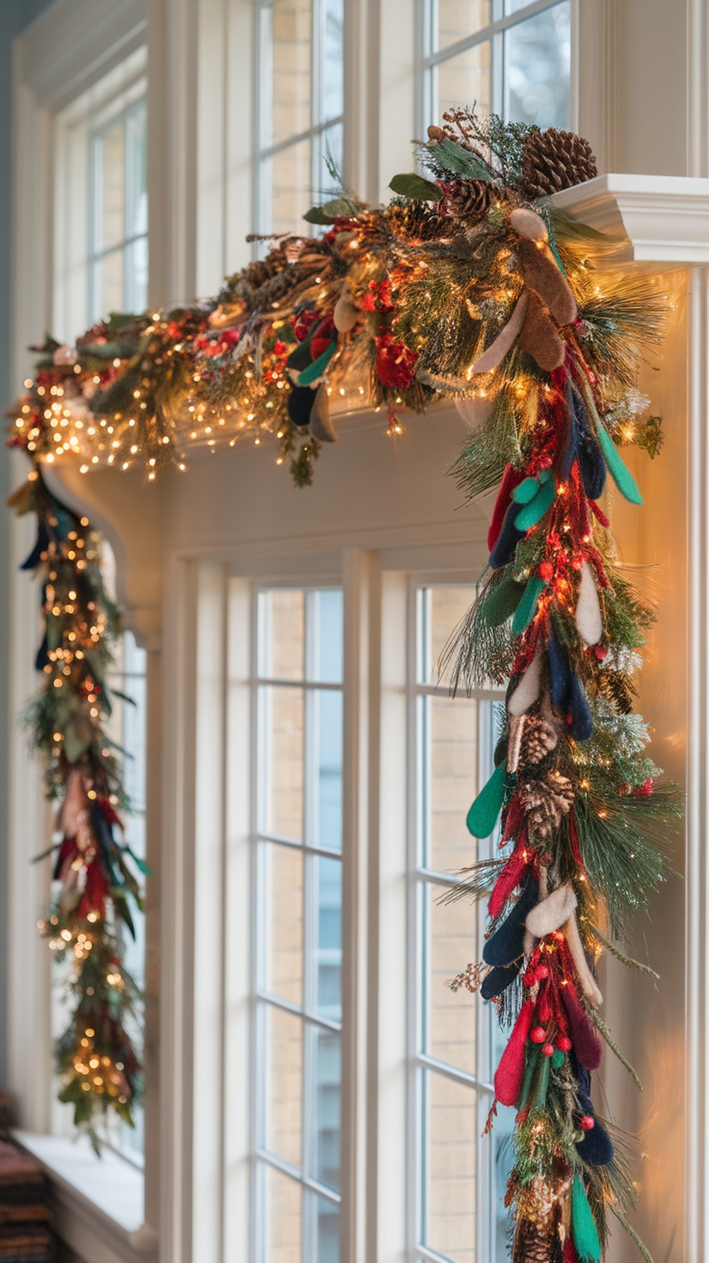 A festive garland adorned with pinecones, greenery, and colorful felt leaves, draped over a mantel with twinkling lights.