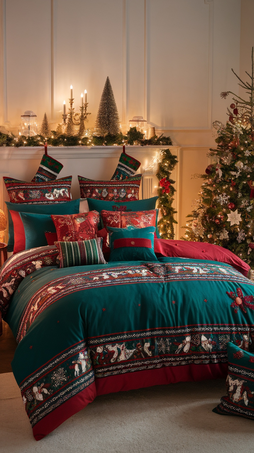 Christmas bedding featuring bold jewel tones of deep green and red with festive patterns.