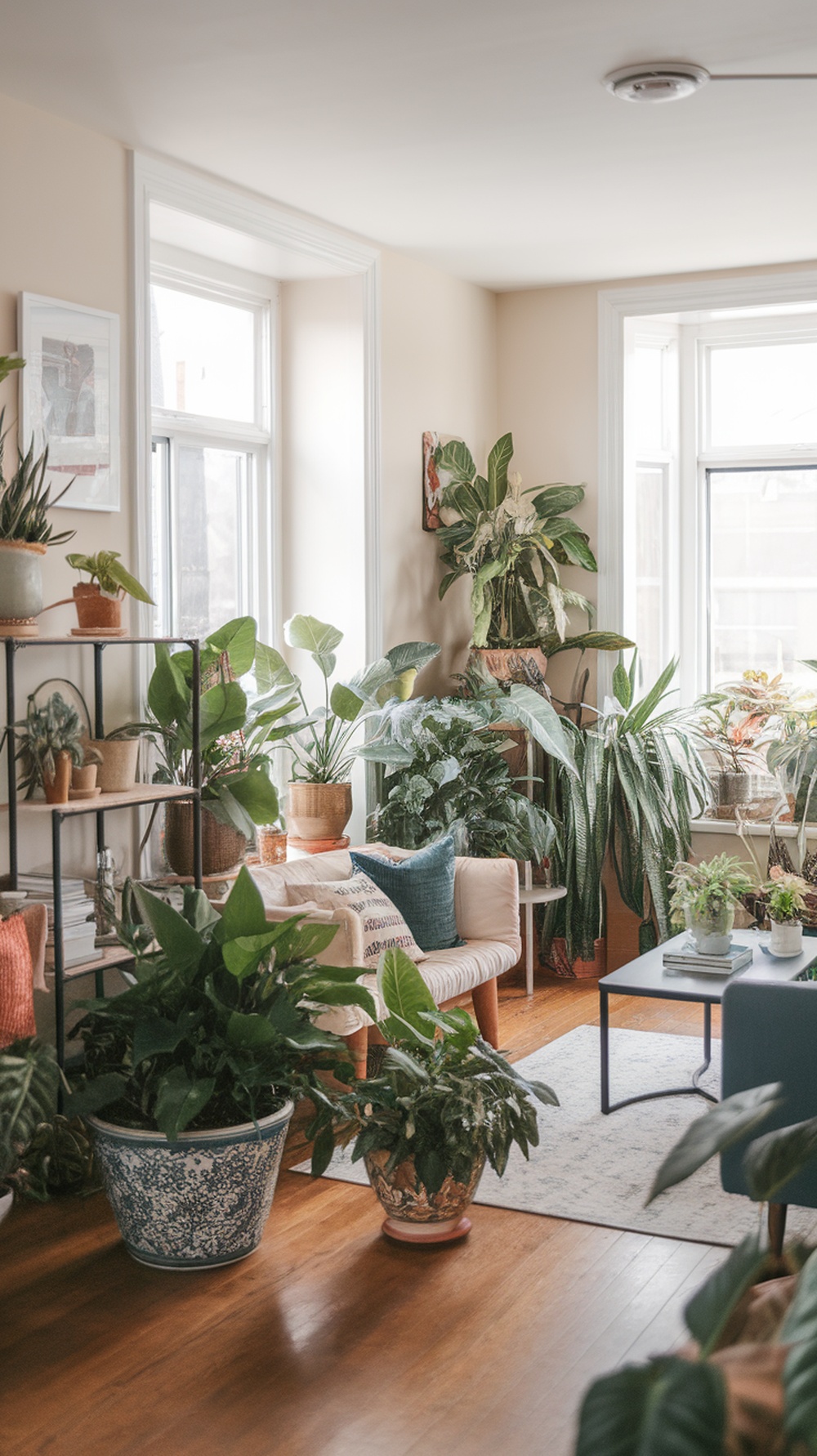 Cozy living room filled with various plants, showcasing a vibrant and refreshing atmosphere.